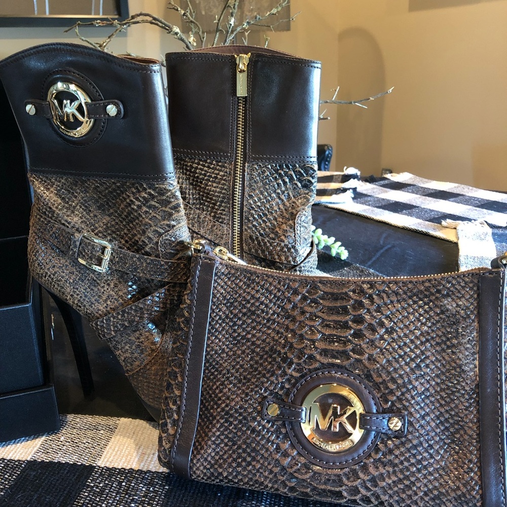 Mk Brown Python Embossed Leather Short Boots - image 6